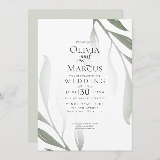 Wedding | Sage Green Olive Branch Watercolor Leaf Invitation (Front/Back)