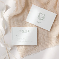 Wedding Sage Green Script Crest Monogram RSVP Card