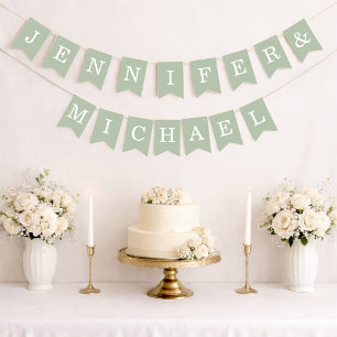 Wedding Sage Green Simple Bride & Groom Names Bunting Flags