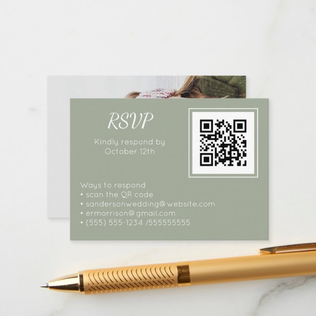 Wedding Sage White RSVP Online QR Code Photo Enclosure Card (Front/Back In Situ)