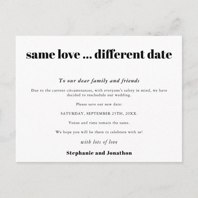 Wedding Same Love Different Date Simple Black Text Announcement Postcard (Front)