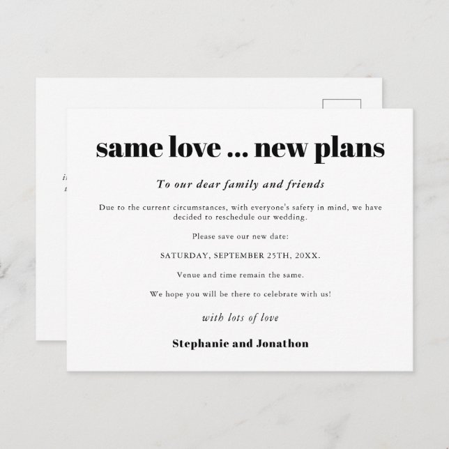 Wedding Same Love New Plans Save New Date Announcement Postcard (Front/Back)