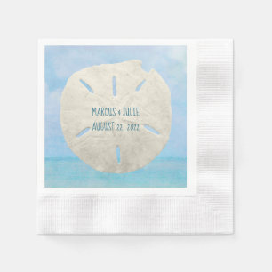 wedding sand dollar on watercolor ocean napkin