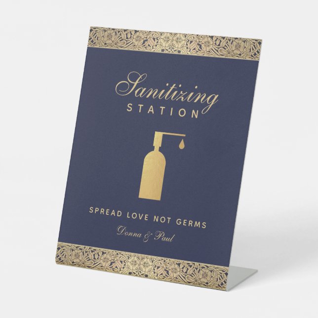 Wedding Sanitizing Station Navy Blue Gold Roses  P Pedestal Sign (Front)