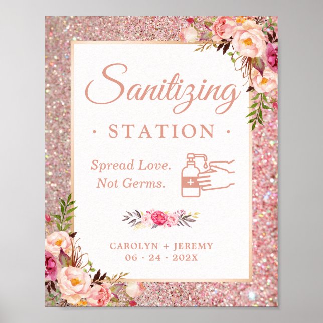 Wedding Sanitizing Station Sign Rose Gold Floral (Front)