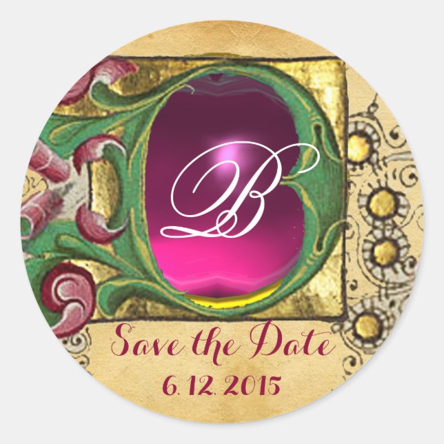 WEDDING SAVE DATE FLORAL PARCHMENT GEM MONOGRAM CLASSIC ROUND STICKER (Front)