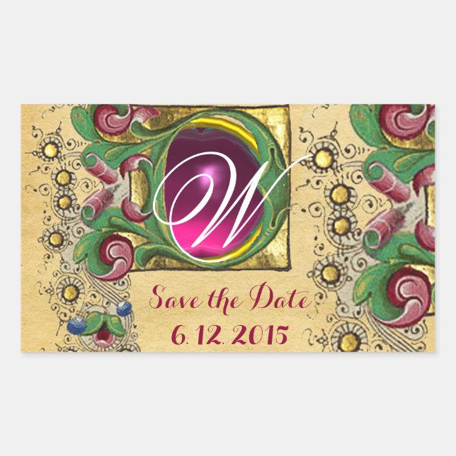 WEDDING SAVE DATE FLORAL PARCHMENT GEM MONOGRAM STICKER (Front)