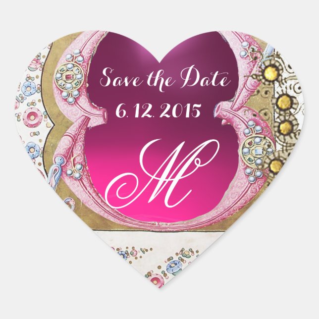 WEDDING SAVE DATE FLORAL PARCHMENT GEMSTONE HEART HEART STICKER (Front)