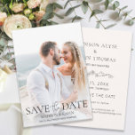 Wedding Save Date Photo Elegant Script Save The Date<br><div class="desc">Elegant and modern wedding Save the Date card with a photo of the engaged couple on the front and line-art floral along with your information on the back. Includes space to add an address to your wedding website.</div>