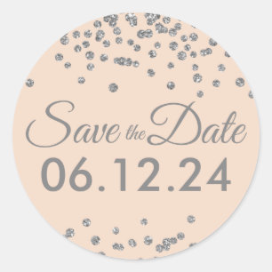 Wedding Save Date Silver Glitter Confetti Blush Classic Round Sticker