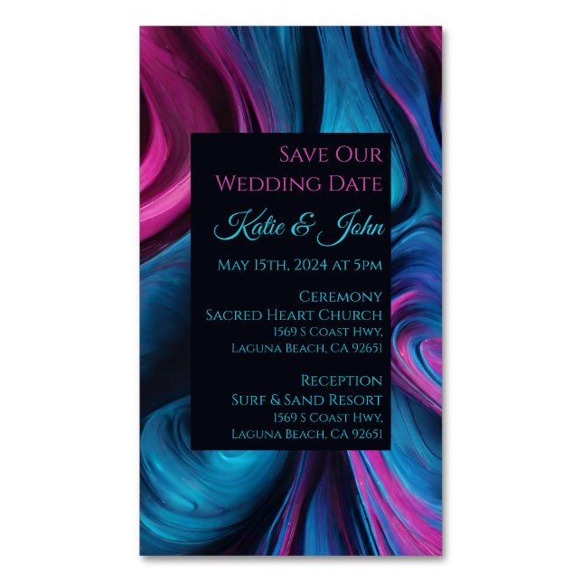 Wedding Save our Date- Modern Blue and Pink- Magnetic Business Card (Front Vertical)