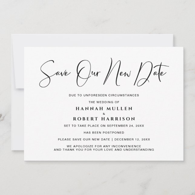 Wedding Save Our New Date Postponement Black White Announcement (Front)