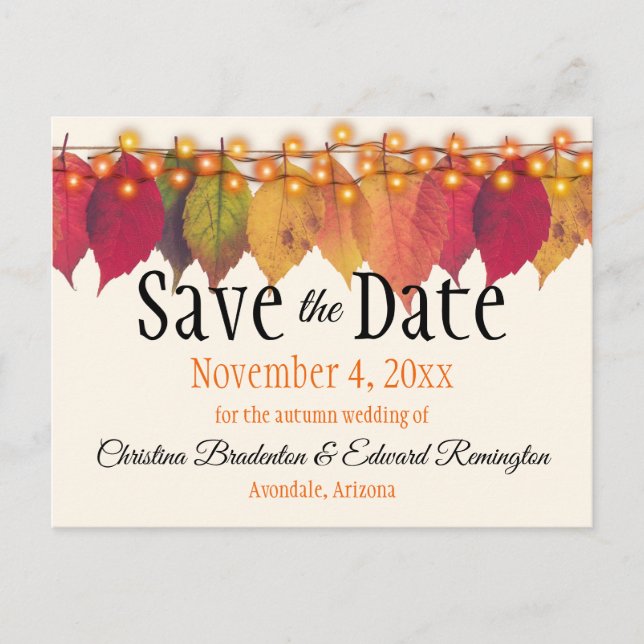 Wedding Save The Date Autumn Leaves Firefly Lights Announcement Postcard (Front)