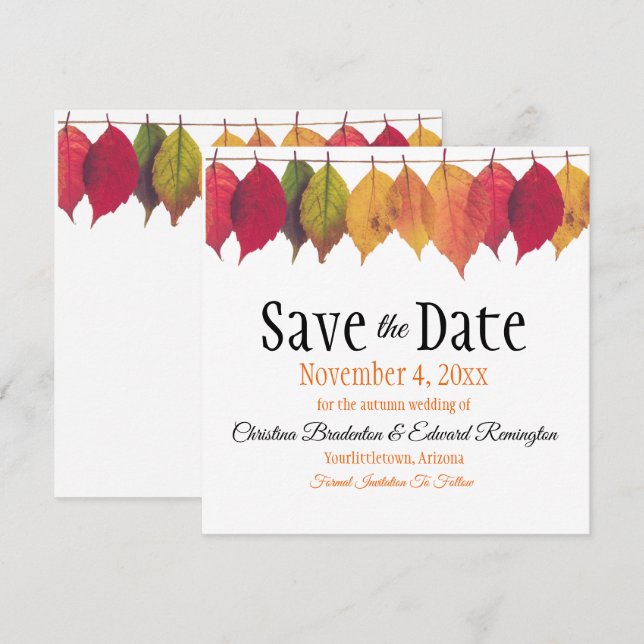 Wedding Save The Date Autumn Leaves On String Announcement (Front/Back)