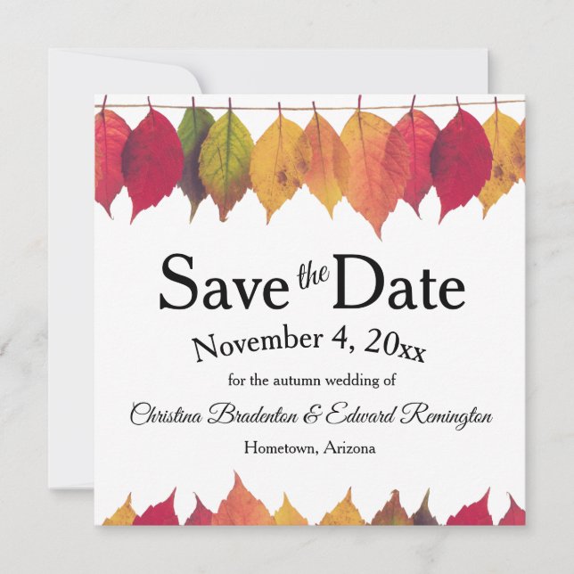 Wedding Save The Date Autumn Leaves On String Announcement (Front)