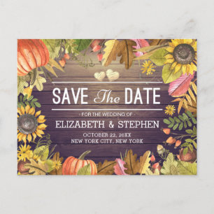 Wedding Save The Date Autumn Leaves Pumpkins Wood Announcement Postcard