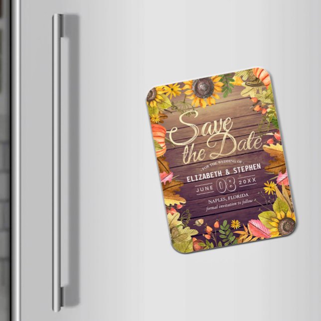 Wedding Save The Date Autumn Leaves Pumpkins Wood Magnet (Creator Uploaded)