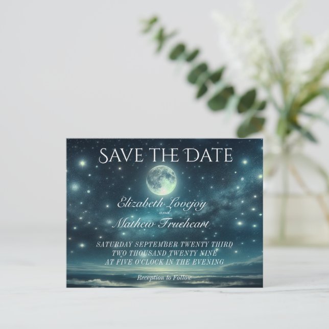Wedding Save the Date | Blue Moon Starry Night Postcard (Standing Front)