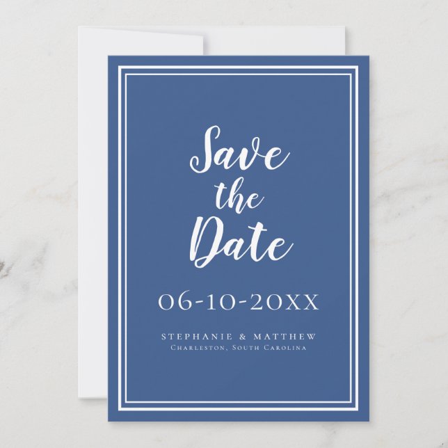 Wedding Save The Date Blue Simple Modern Script (Front)