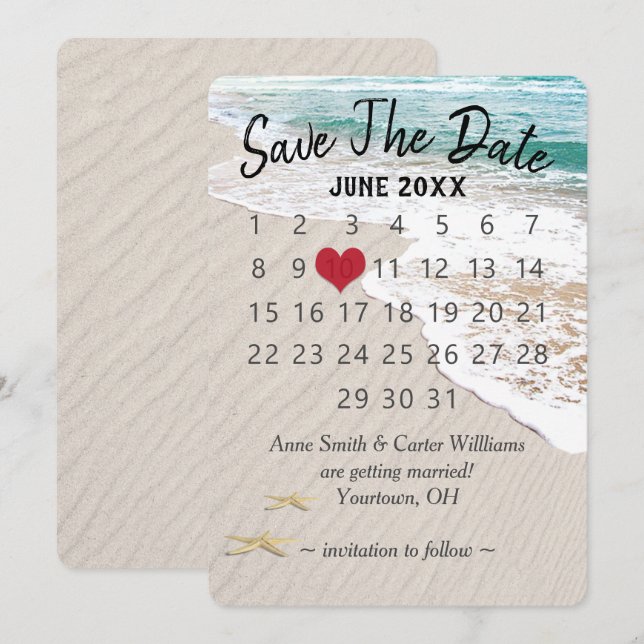 Wedding Save the Date Calendar on Ocean Seashore Invitation (Front/Back)