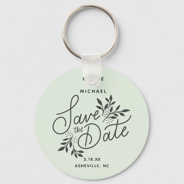 Wedding Save the Date Calligraphy Botanical Mint Keychain (Front)