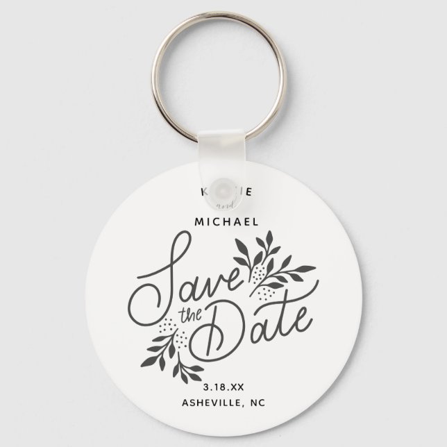 Wedding Save the Date Calligraphy Botanical White Keychain (Front)