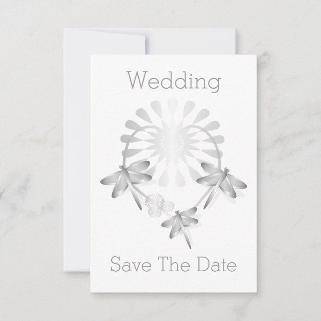 Wedding Save The Date Card Silver Dragonflies (Front)