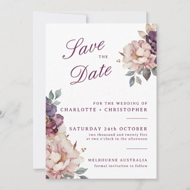 Wedding Save the Date card vintage purple flower (Front)