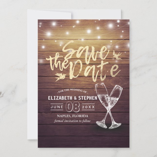 Wedding Save The Date Champagne Glasses Wood Light (Front)
