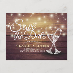 Wedding Save The Date Champagne Glasses Wood Light Announcement Postcard