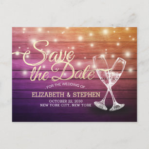 Wedding Save The Date Champagne Glasses Wood Light Announcement Postcard
