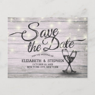 Wedding Save The Date Champagne Glasses Wood Light Announcement Postcard