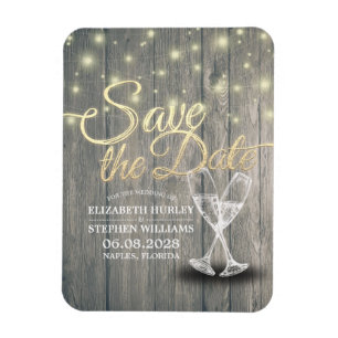 Wedding Save The Date Champagne Glasses Wood Light Magnet