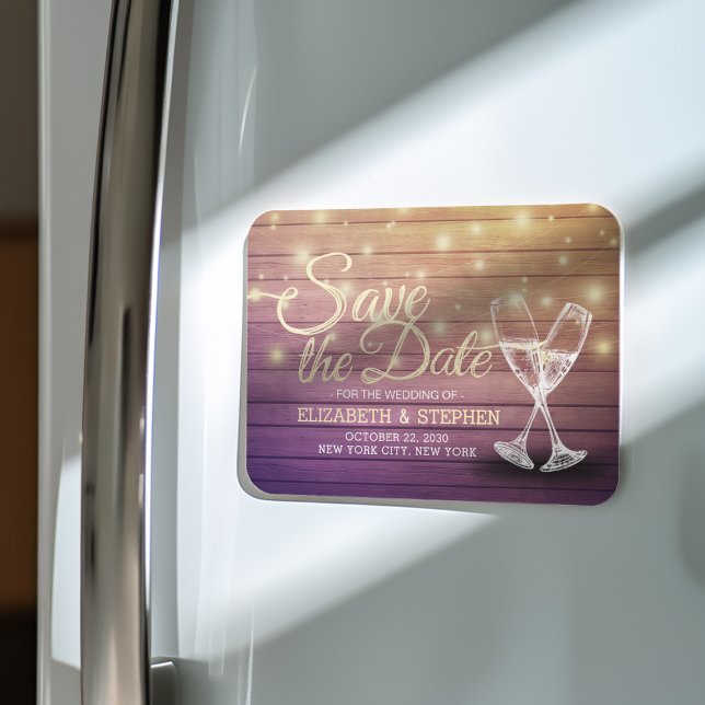 Wedding Save The Date Champagne Glasses Wood Light Magnet (Creator Uploaded)
