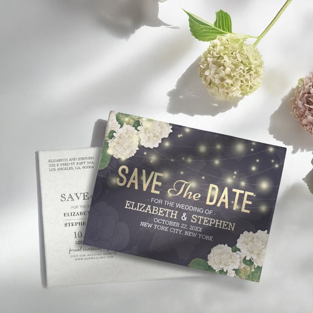 Wedding Save The Date Chic Hydrangea String Lights Postcard (Creator Uploaded)