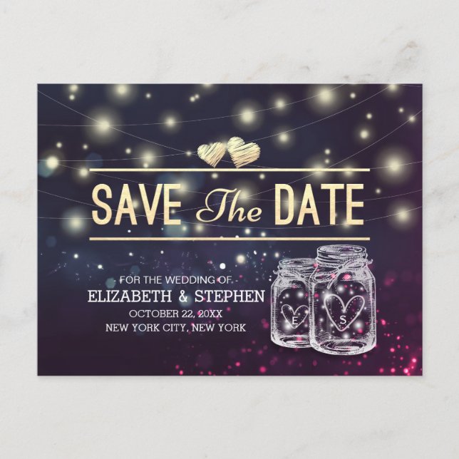 Wedding Save The Date Chic Mason Jar Purple Lights Announcement Postcard (Front)
