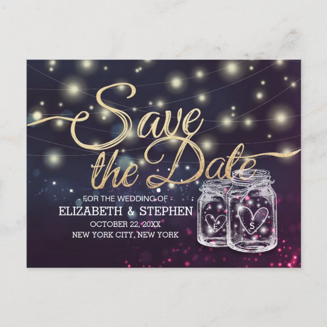 Wedding Save The Date Chic Mason Jar Purple Lights Announcement Postcard (Front)