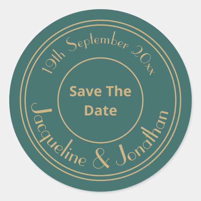 Wedding Save The Date Chic Personalized Green  Classic Round Sticker (Front)