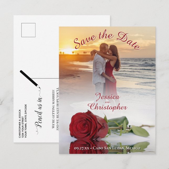 Wedding Save the Date Chic Rose Photo Overlay Red Announcement Postcard (Front/Back)