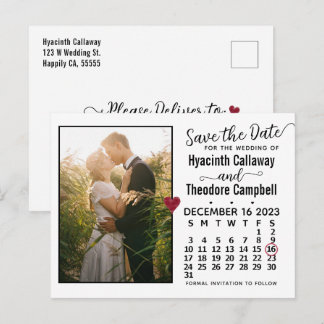 Wedding Save the Date December 2023 Calendar Photo Invitation Postcard