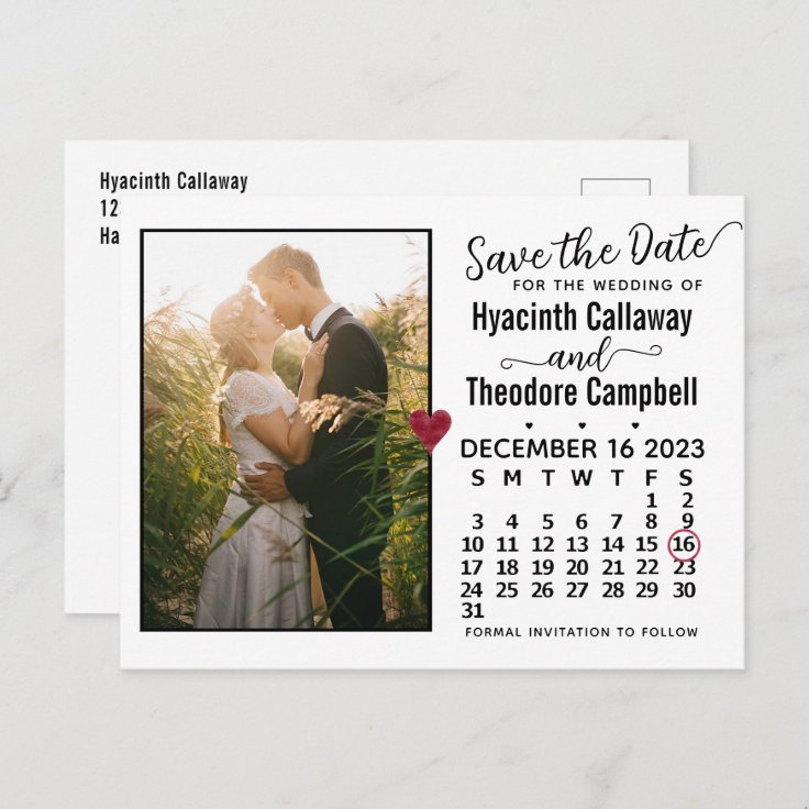 Wedding Save the Date December 2023 Calendar Photo Invitation Postcard ...