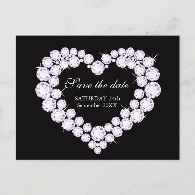 Wedding save the date diamonds in a heart on black announcement postcard (Front)