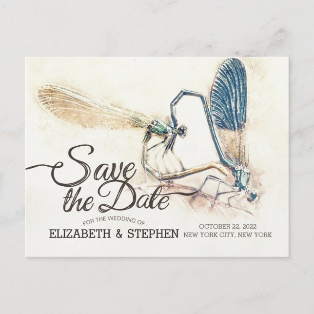 Wedding Save The Date Dragonfly Mating Love Heart Announcement Postcard (Front)