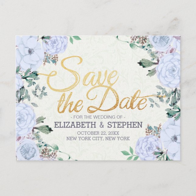 Wedding Save the Date Elegant Floral Gold Script Announcement Postcard (Front)