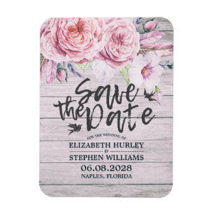 Wedding Save The Date Elegant Floral Rustic Wood Magnet