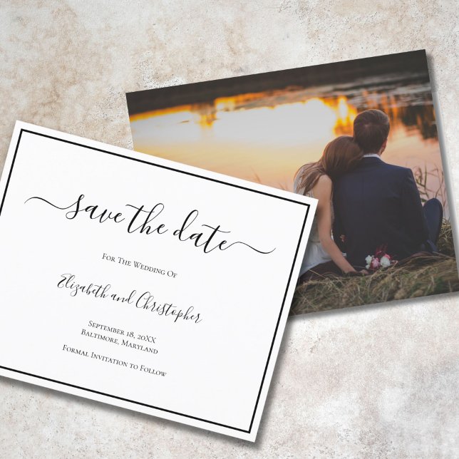 Wedding Save The Date Elegant Formal Photo Card (Script Calligraphy Elegant Wedding Photo Save the Date card. Two sided.)