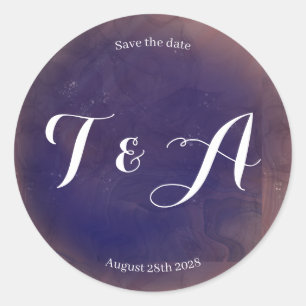 Wedding Save the Date Elegant Monogram Purple Classic Round Sticker