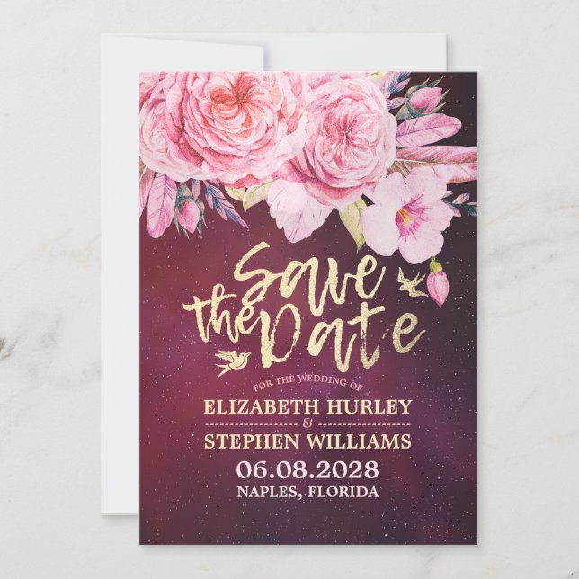 Wedding Save The Date Floral Feathers Burgundy Red (Front)
