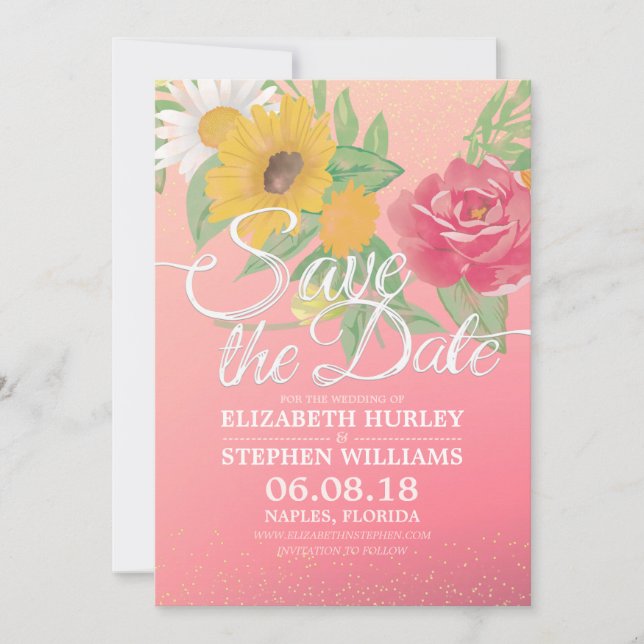 Wedding Save The Date Flowers Pink Gold Glitter (Front)