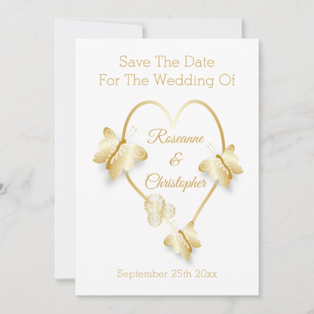 Wedding Save The Date Gold Colour Heart Butterfly (Devant)